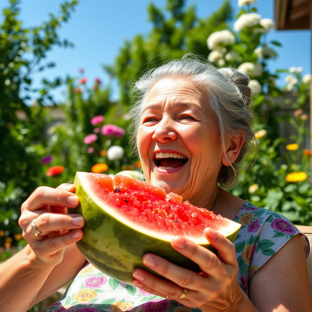 An elderly woman joyfully eating a watermelon, sitting outdoors in a sunny garden