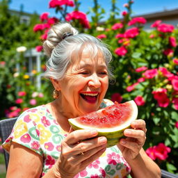 An elderly woman joyfully eating a watermelon, sitting outdoors in a sunny garden