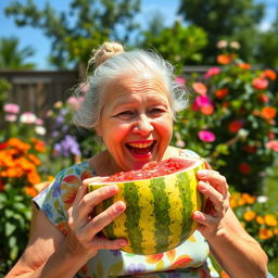 An elderly woman joyfully eating a watermelon, sitting outdoors in a sunny garden