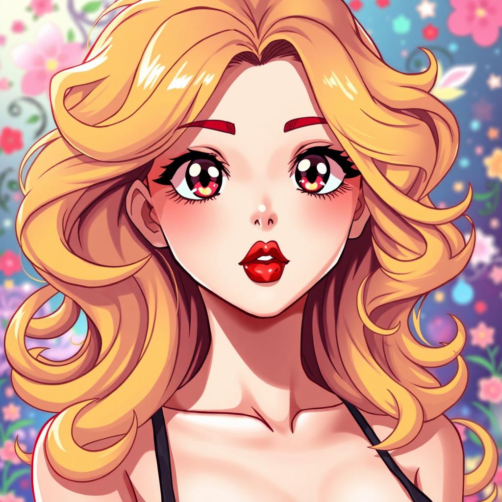 An anime-style illustration of a stunning blonde woman with vibrant, curly hair flowing elegantly around her shoulders