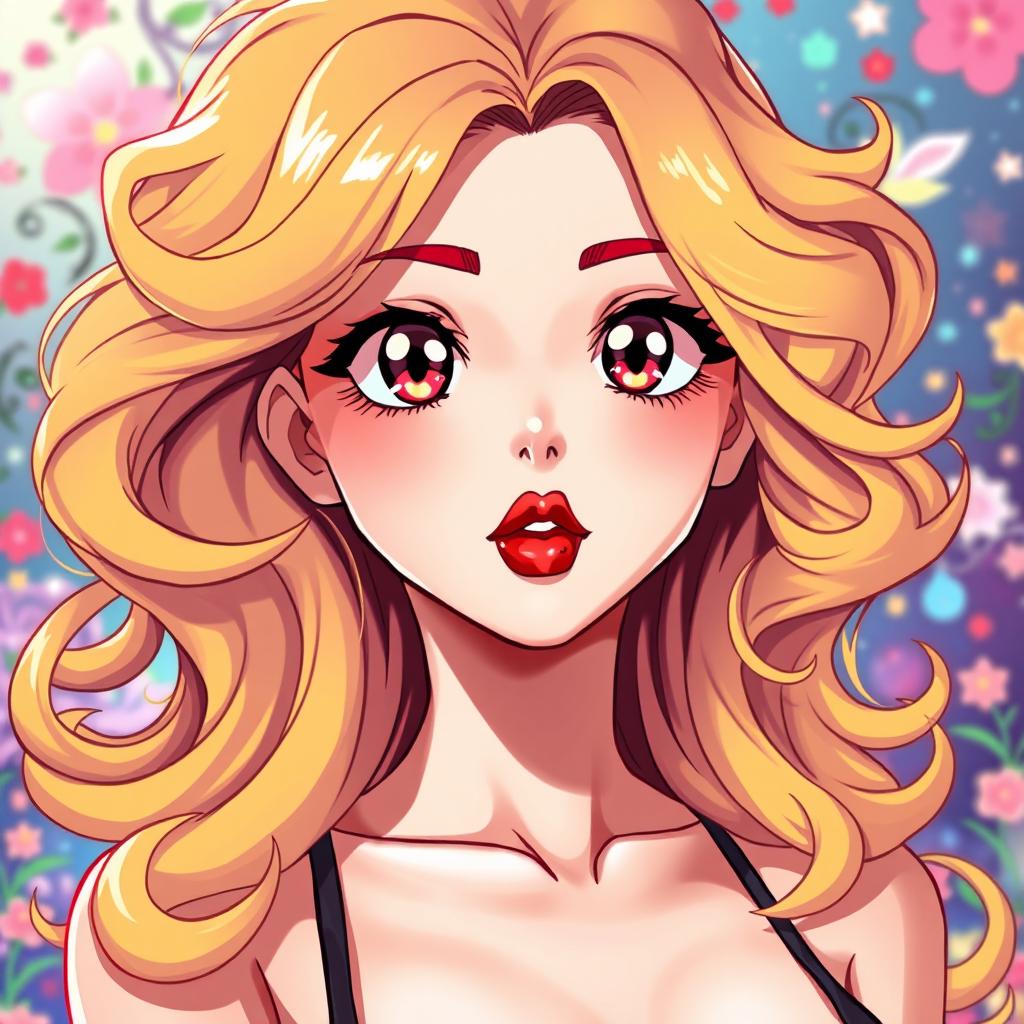 An anime-style illustration of a stunning blonde woman with vibrant, curly hair flowing elegantly around her shoulders