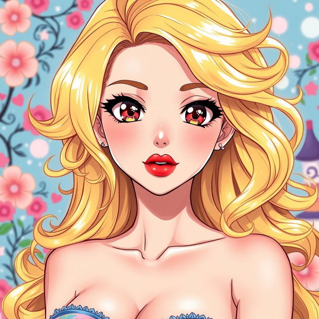 An anime-style illustration of a stunning blonde woman with vibrant, curly hair flowing elegantly around her shoulders