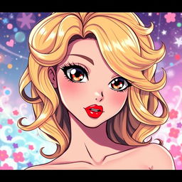 An anime-style illustration of a stunning blonde woman with vibrant, curly hair flowing elegantly around her shoulders