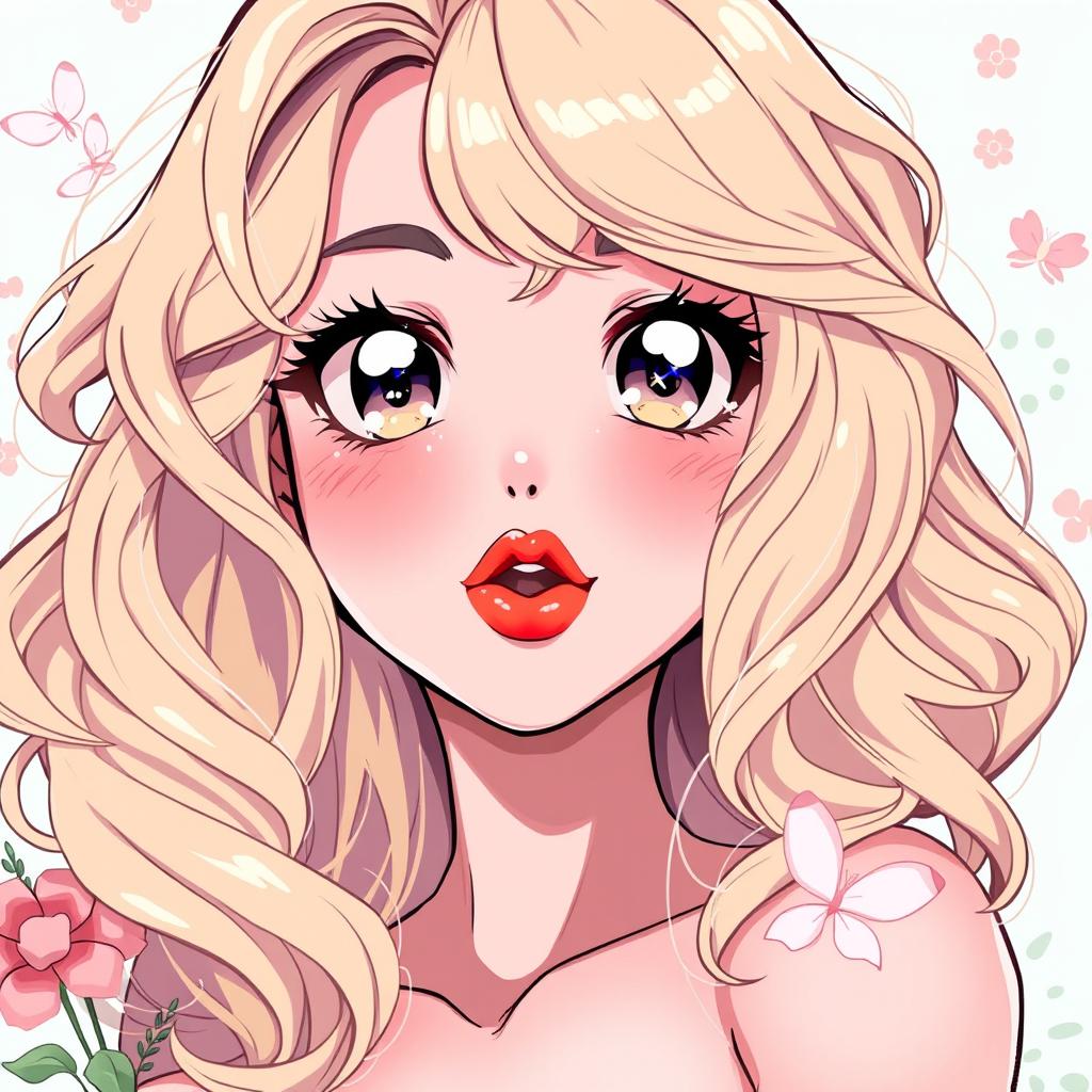 An anime-style illustration featuring a beautiful blonde woman with luxurious, voluminous curls that frame her face