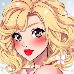 An anime-style illustration featuring a beautiful blonde woman with luxurious, voluminous curls that frame her face