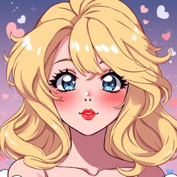 An anime-style illustration featuring a beautiful blonde woman with luxurious, voluminous curls that frame her face