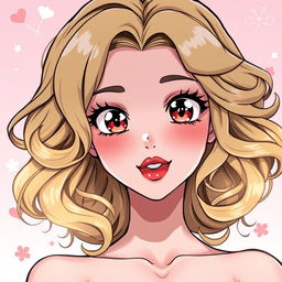 An anime-style illustration featuring a beautiful blonde woman with luxurious, voluminous curls that frame her face