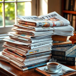 A collection of open newspapers and books stacked on a wooden table, showcasing their colorful covers