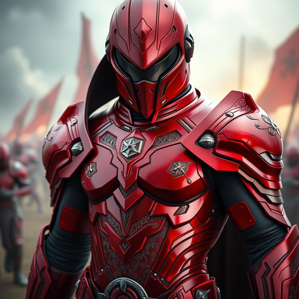 A striking character wearing a vibrant red suit of armor, showcasing intricate detailing and a polished finish