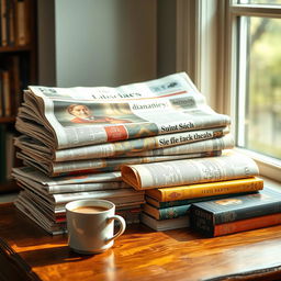 A collection of open newspapers and books stacked on a wooden table, showcasing their colorful covers