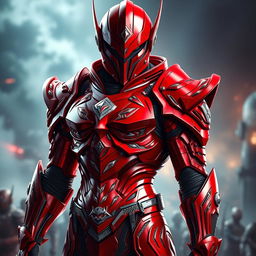 A striking character wearing a vibrant red suit of armor, showcasing intricate detailing and a polished finish