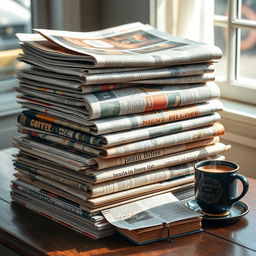 A collection of open newspapers and books stacked on a wooden table, showcasing their colorful covers