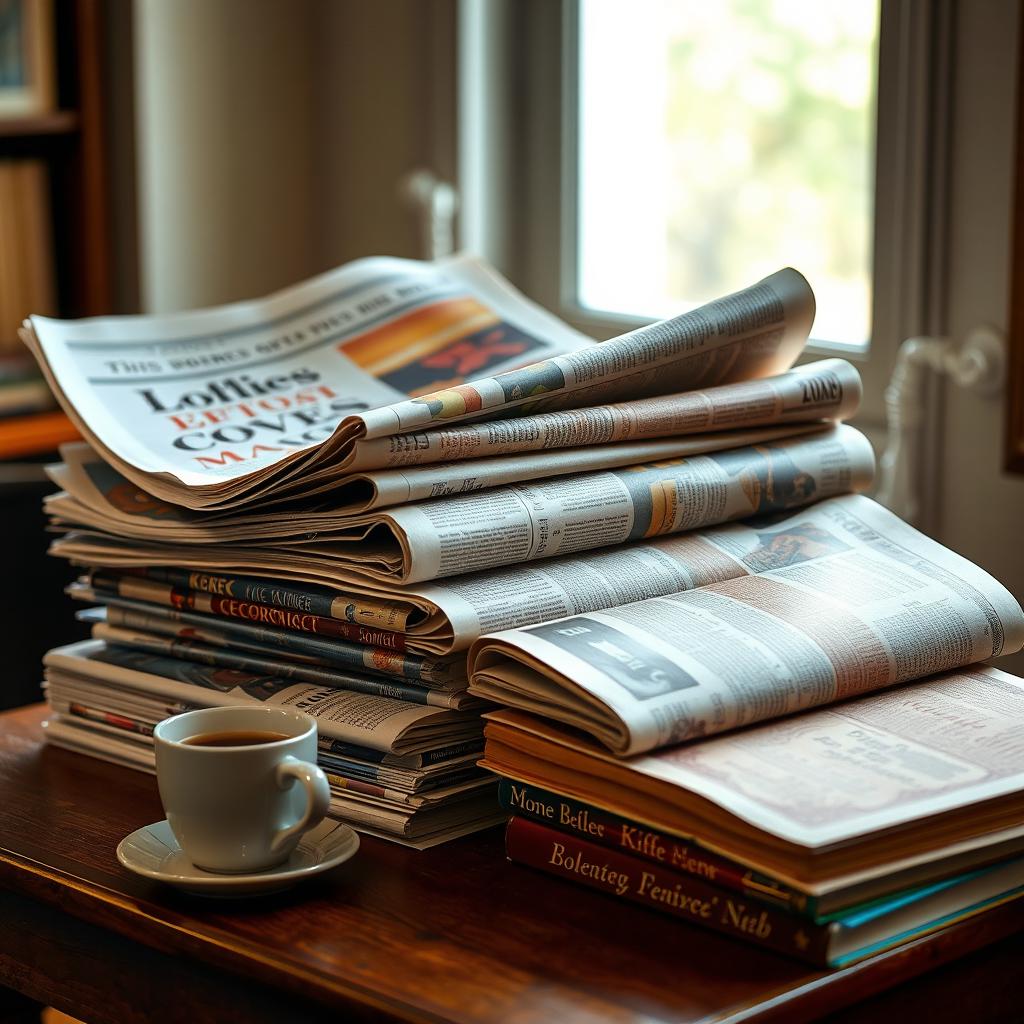 A collection of open newspapers and books stacked on a wooden table, showcasing their colorful covers