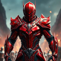 A striking character wearing a vibrant red suit of armor, showcasing intricate detailing and a polished finish