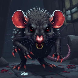 A highly detailed and realistic pixel art depiction of a beastly rat, showcasing intricate pixelated textures and shading that emphasize its fur and menacing features