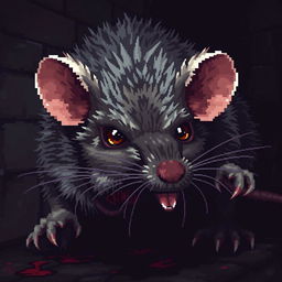 A highly detailed and realistic pixel art depiction of a beastly rat, showcasing intricate pixelated textures and shading that emphasize its fur and menacing features