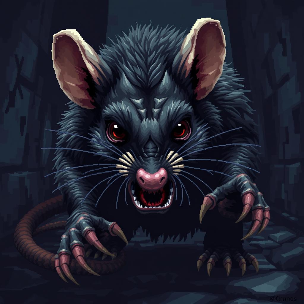 A highly detailed and realistic pixel art depiction of a beastly rat, showcasing intricate pixelated textures and shading that emphasize its fur and menacing features