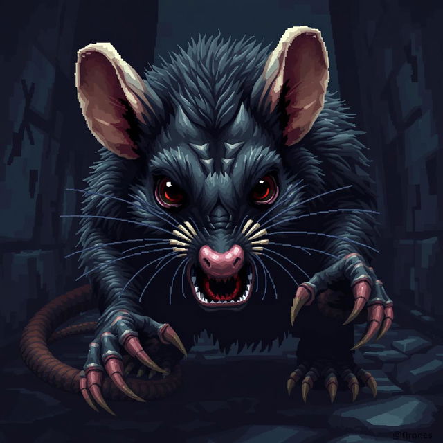 A highly detailed and realistic pixel art depiction of a beastly rat, showcasing intricate pixelated textures and shading that emphasize its fur and menacing features