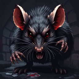 A highly detailed and realistic pixel art depiction of a beastly rat, showcasing intricate pixelated textures and shading that emphasize its fur and menacing features