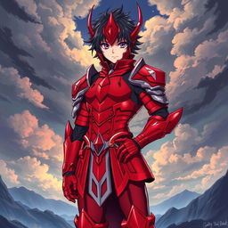 An anime-style illustration of a warrior clad in a striking red armor, featuring sleek contours and elaborate detailing