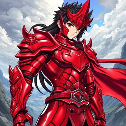 An anime-style illustration of a warrior clad in a striking red armor, featuring sleek contours and elaborate detailing