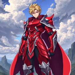 An anime-style illustration of a warrior clad in a striking red armor, featuring sleek contours and elaborate detailing