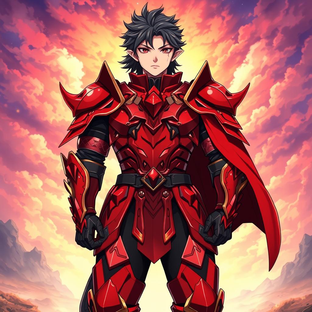 An anime-style illustration of a warrior clad in a striking red armor, featuring sleek contours and elaborate detailing