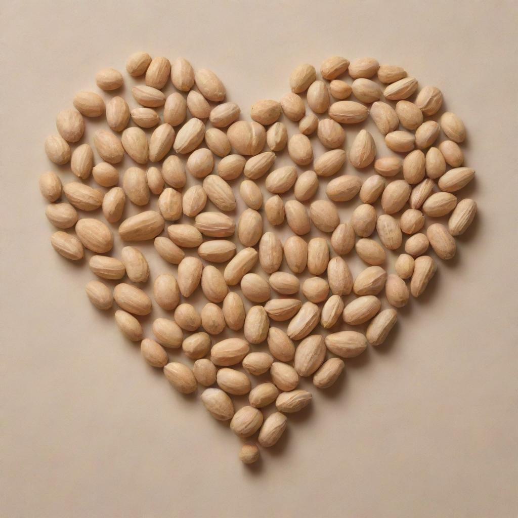 A heart shape delicately formed by assembling numerous peanuts against a neutral background.