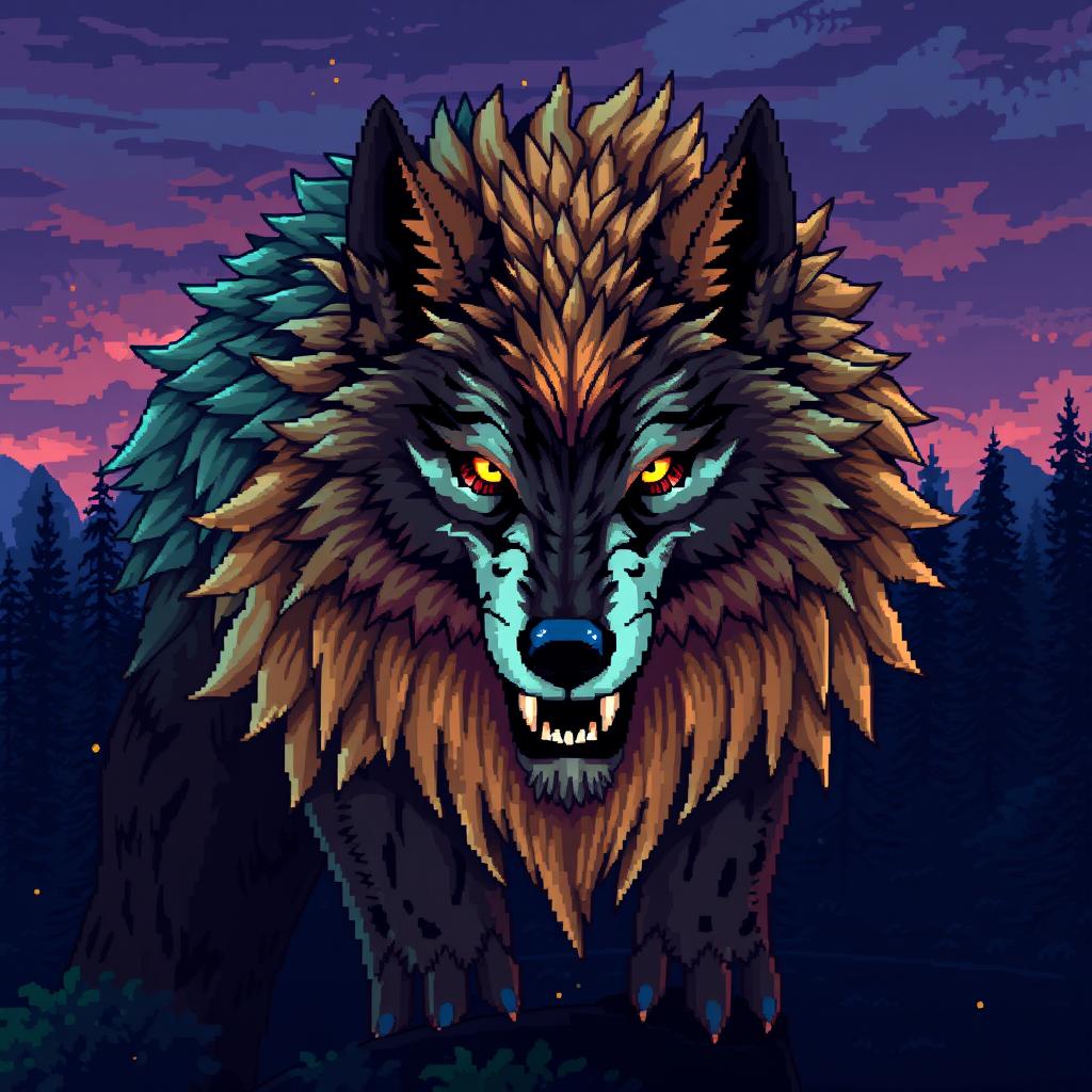 A captivating and intricate pixel art representation of a beastly wolf, featuring detailed pixelated fur that conveys both wildness and majesty