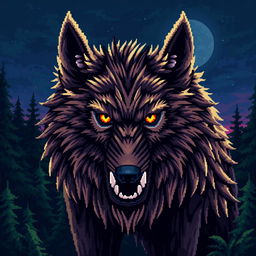 A captivating and intricate pixel art representation of a beastly wolf, featuring detailed pixelated fur that conveys both wildness and majesty