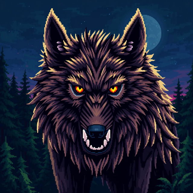 A captivating and intricate pixel art representation of a beastly wolf, featuring detailed pixelated fur that conveys both wildness and majesty