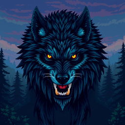 A captivating and intricate pixel art representation of a beastly wolf, featuring detailed pixelated fur that conveys both wildness and majesty