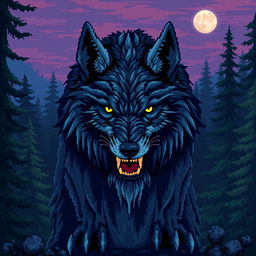 A captivating and intricate pixel art representation of a beastly wolf, featuring detailed pixelated fur that conveys both wildness and majesty