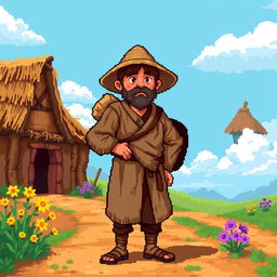 A pixel art illustration of a medieval peasant, dressed in simple, tattered clothing typical of the era