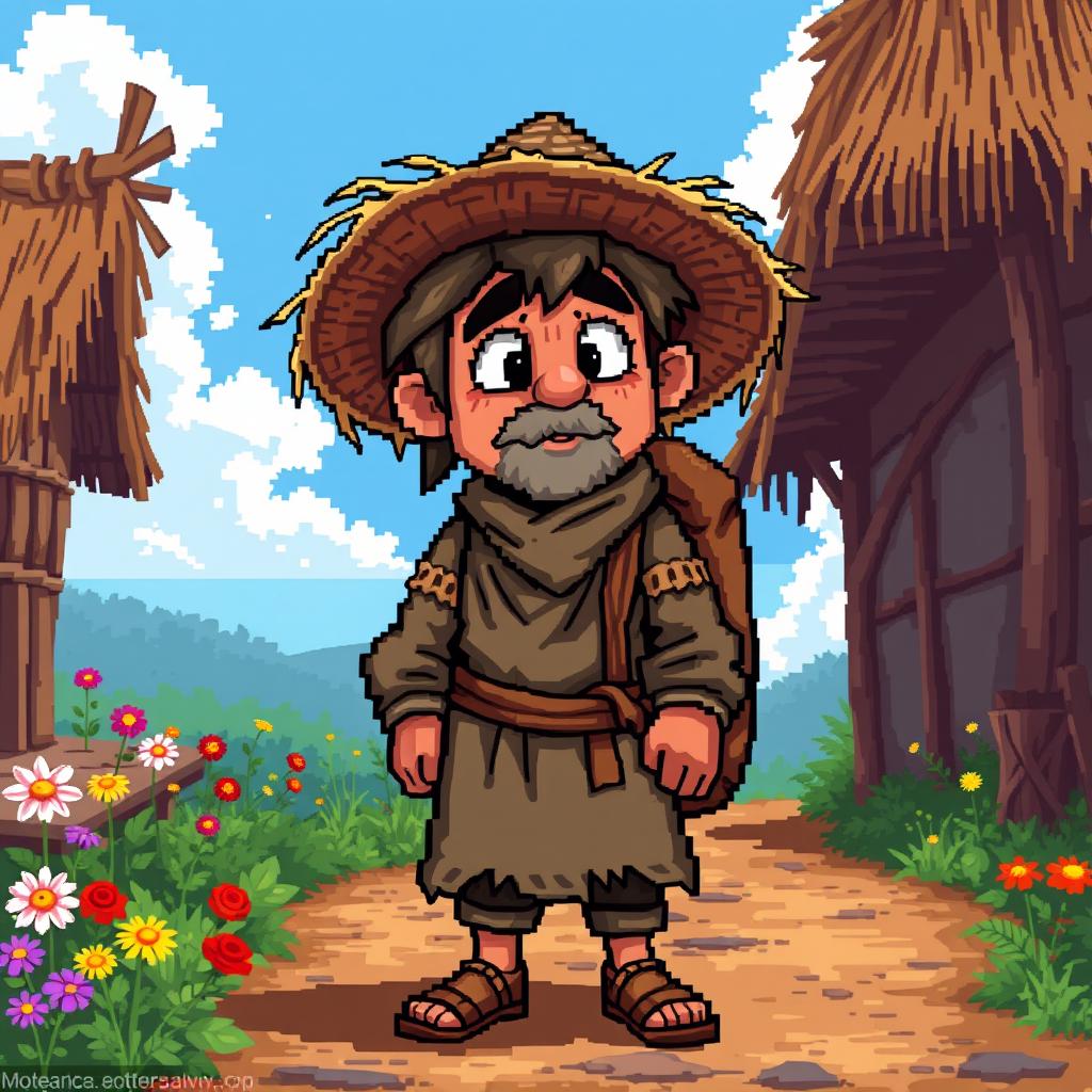 A pixel art illustration of a medieval peasant, dressed in simple, tattered clothing typical of the era