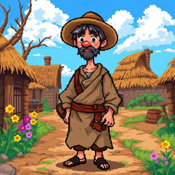 A pixel art illustration of a medieval peasant, dressed in simple, tattered clothing typical of the era