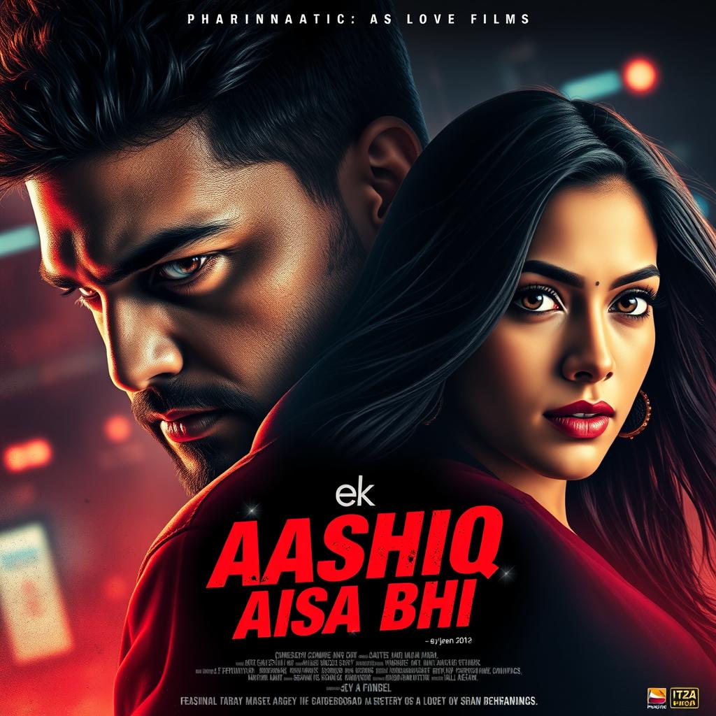 A cinematic action love film poster titled 'EK AASHIQ AISA BHI', featuring three main characters: a 27-year-old Indian man with a rugged, rebellious look, portraying a criminal, filled with emotion as he gazes at a beautiful woman of the same age