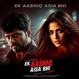 A cinematic action love film poster titled 'EK AASHIQ AISA BHI', featuring three main characters: a 27-year-old Indian man with a rugged, rebellious look, portraying a criminal, filled with emotion as he gazes at a beautiful woman of the same age