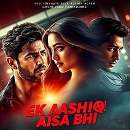 A cinematic action love film poster titled 'EK AASHIQ AISA BHI', featuring three main characters: a 27-year-old Indian man with a rugged, rebellious look, portraying a criminal, filled with emotion as he gazes at a beautiful woman of the same age