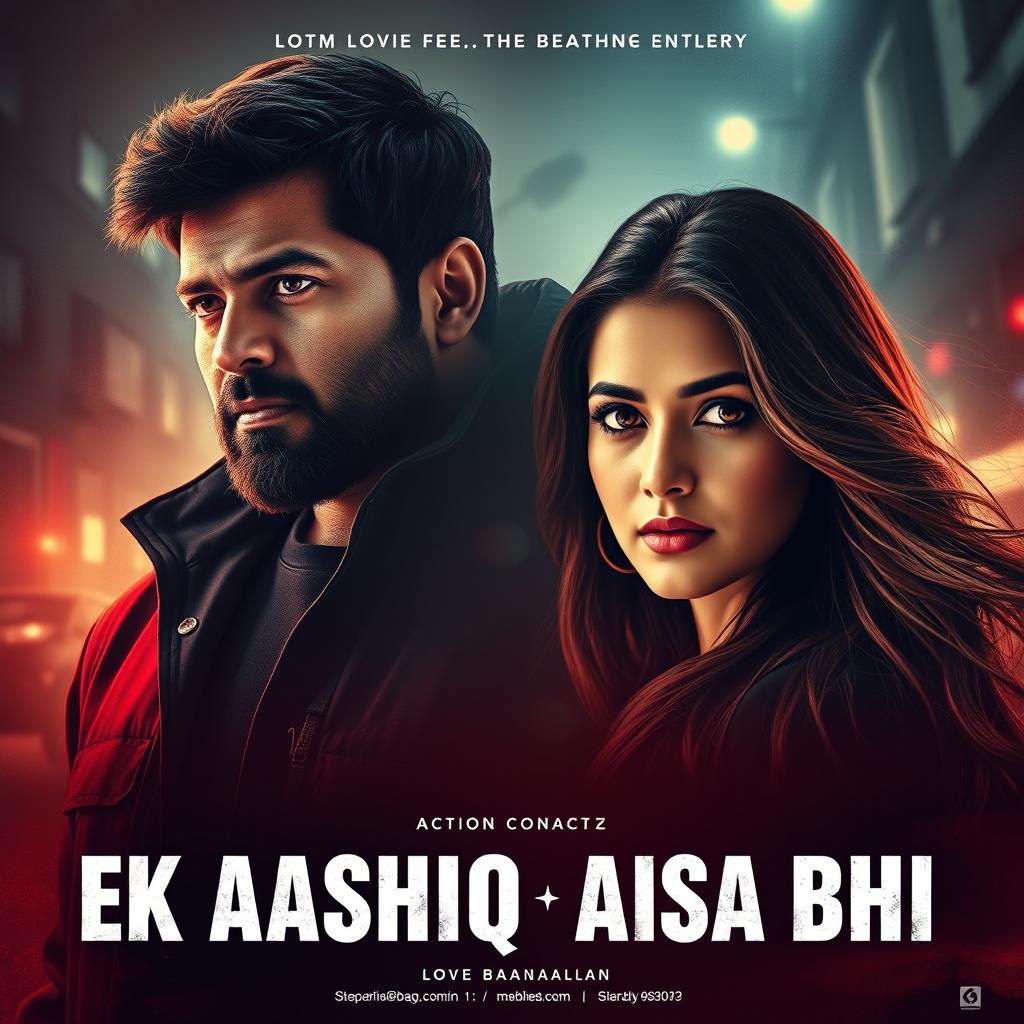 A cinematic action love film poster titled 'EK AASHIQ AISA BHI', featuring three main characters: a 27-year-old Indian man with a rugged, rebellious look, portraying a criminal, filled with emotion as he gazes at a beautiful woman of the same age