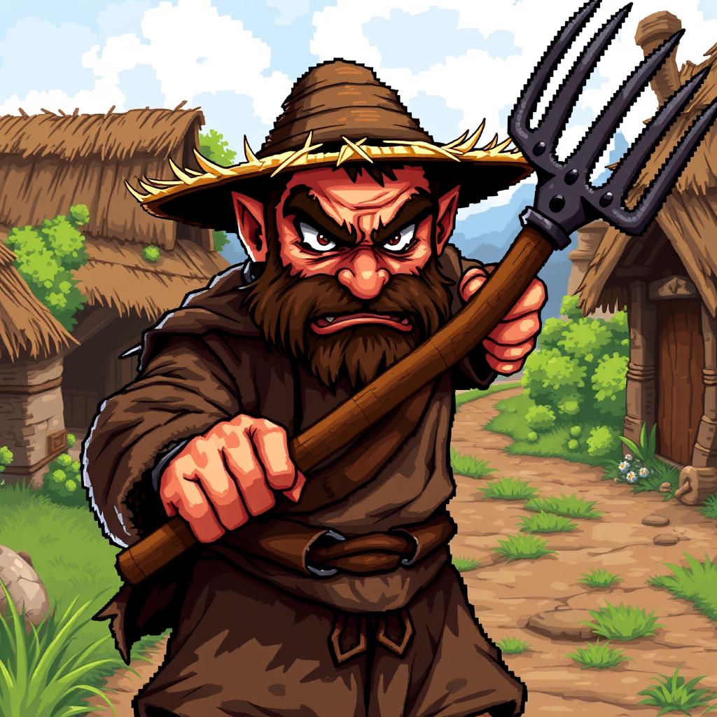 A pixel art illustration of an aggressive medieval peasant, designed with a realistic style within the pixel art framework