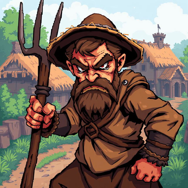 A pixel art illustration of an aggressive medieval peasant, designed with a realistic style within the pixel art framework