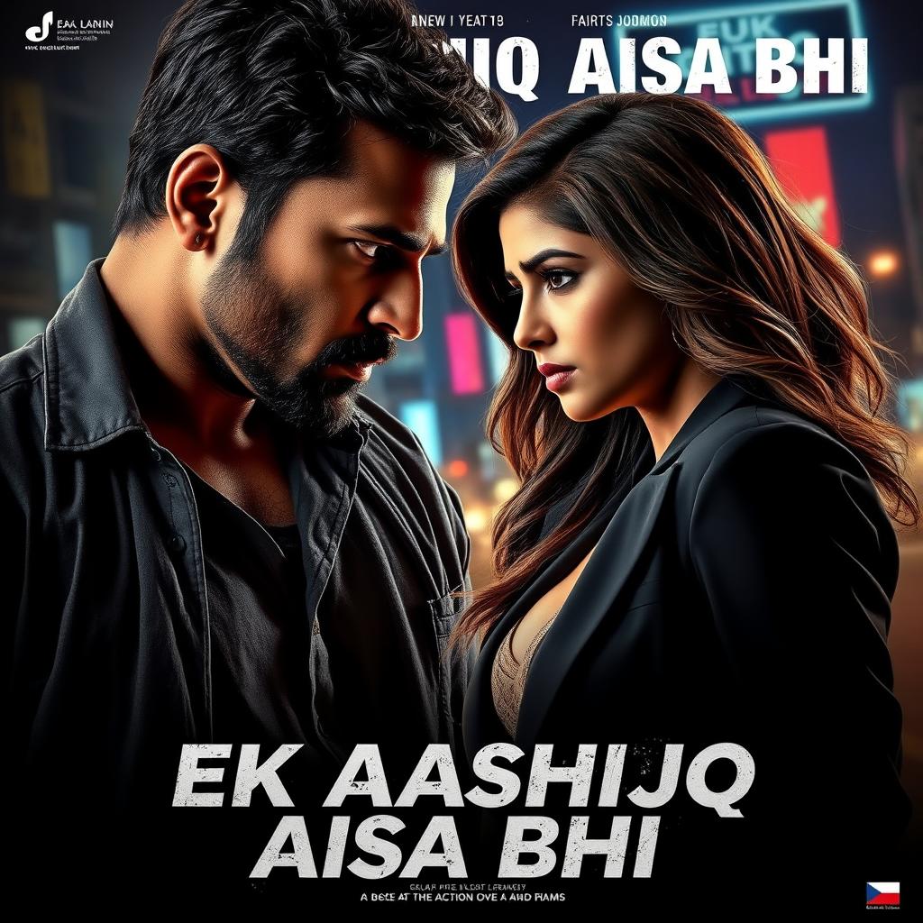 A dramatic cinematic poster for an action love film titled "EK AASHIQ AISA BHI" featuring a 27-year-old Indian man with a rugged, mysterious look, embodying traits of a criminal