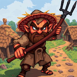 A pixel art illustration of an aggressive medieval peasant, designed with a realistic style within the pixel art framework