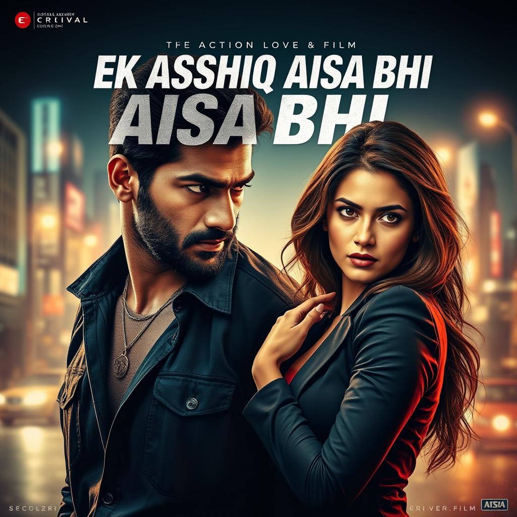 A dramatic cinematic poster for an action love film titled "EK AASHIQ AISA BHI" featuring a 27-year-old Indian man with a rugged, mysterious look, embodying traits of a criminal