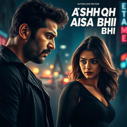 A dramatic cinematic poster for an action love film titled "EK AASHIQ AISA BHI" featuring a 27-year-old Indian man with a rugged, mysterious look, embodying traits of a criminal