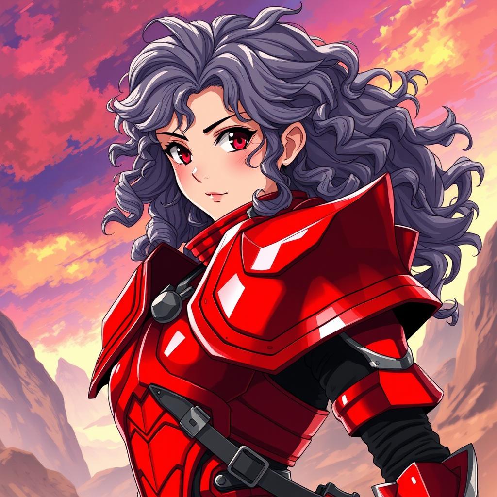 A striking anime character featuring a woman wearing a vibrant red armor