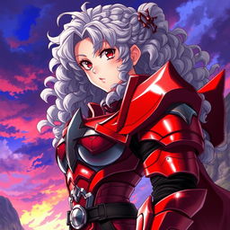 A striking anime character featuring a woman wearing a vibrant red armor