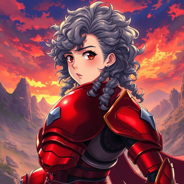 A striking anime character featuring a woman wearing a vibrant red armor