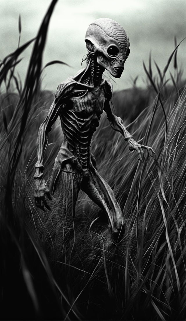 A HD, gritty, grainy black and white photograph of an alien-human hybrid running away in side profile through tall alien grass at night.